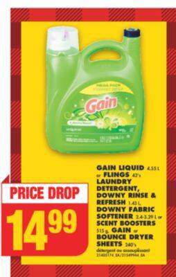 No Frills Gain liquid, 455 l or flings, 47's laundry detergent, downy rinse & refresh, 1.43 l, downy fabric softener, 2.4-3.29 l or sce offer