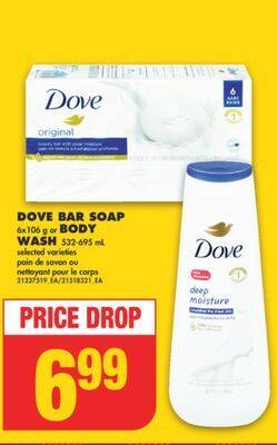No Frills Dove bar soap, 6x106 g or body wash, 532-695 ml offer
