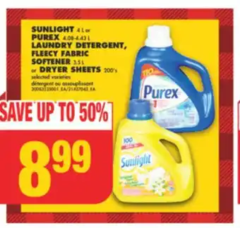 No Frills Sunlight 4 l or purex 4.08-4.43 l laundry detergent, fleecy fabric softener 3.5 l or dryer sheets 200's offer