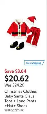 Walmart Christmas clothes baby santa claus tops + long pants +hat+ shoes offer