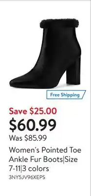 Walmart Women's pointed toe ankle fur boots|size 7-11|3 colors offer