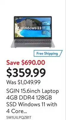 Walmart Sgin 15.6inch laptop 4gb ddr4 128gb ssd windows 11 with 4 core intel celeron, full hd 1920x1080 offer