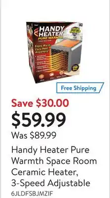 Walmart Handy heater pure warmth space room ceramic heater, 3-speed adjustable offer