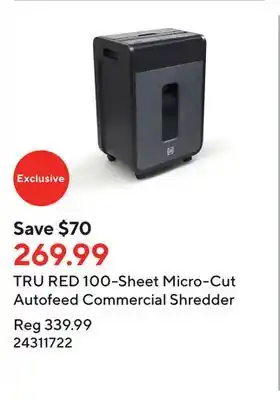 Staples Tru red 100-sheet micro-cut autofeed commercial shredder offer
