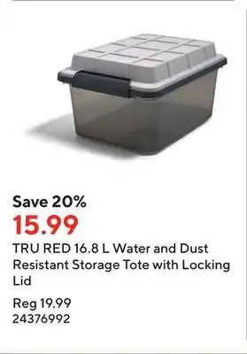 Staples Tru red 16.8 l water and dust resistant storage tote with locking lid offer