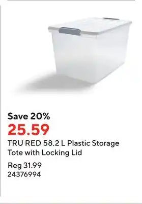 Staples Tru red 58.2 l plastic storage tote with locking lid offer