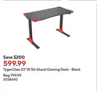 Staples Tygerclaw 23w sit-stand gaming desk - black offer
