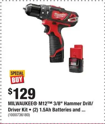 Home Depot Milwaukee m12 3/8 hammer drill/driver kit • (2) 1.5ah batteries and charger offer