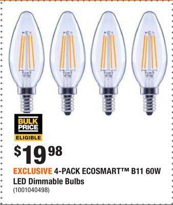 Home Depot Exclusive 4-pack ecosmart b11 60w led dimmable bulbs offer