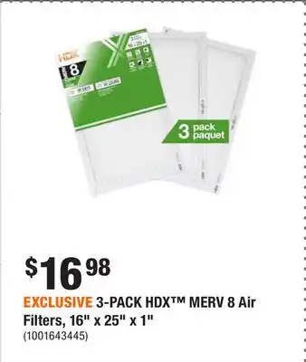 Home Depot Exclusive 3-pack hdx merv 8 air filters, 16 x 25 x 1 offer