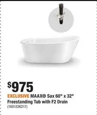 Exclusive maax sax 60 x 32 freestanding tub with f2 drain