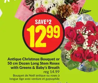 FreshCo Antique christmas bouquet or 50 cm dozen long stem roses with greens & baby's breath offer