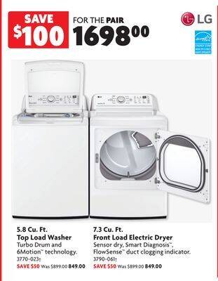 Home Hardware 5.8 cu. ft. top load washer and 7.3 cu. ft. front load electric dryer offer