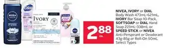 Rexall Nivea, ivory or dial body wash 473ml-621ml, ivory bar soap 10-pack, softsoap or dial hand soap 221ml-338ml or speed stick or offer