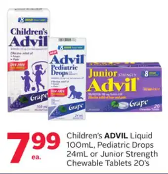 Rexall Children's advil liquid 100ml, pediatric drops 24ml or junior strength chewable tablets 20's offer
