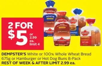 Rexall Dempster's white or 100% whole wheat bread 675g or hamburger or hot dog buns 8-pack offer