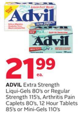 Rexall Advil extra strength liqui-gels 80' s or regular strength 115' s, arthritis pain caplets 80' s, 12 hour tablets 85' s or mini offer