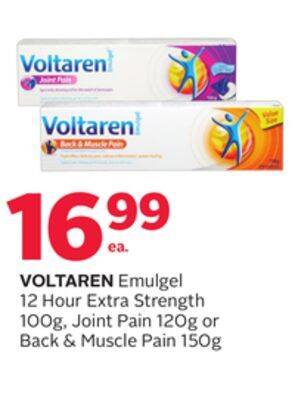 Rexall Voltaren emulgel 12 hour extra strength 100g, joint pain 120g or back & muscle pain 150g offer