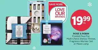 Rexall Rose & robin frosted faux fur, multi-check sherpa throws, fragrance warmer set or moon lamp offer
