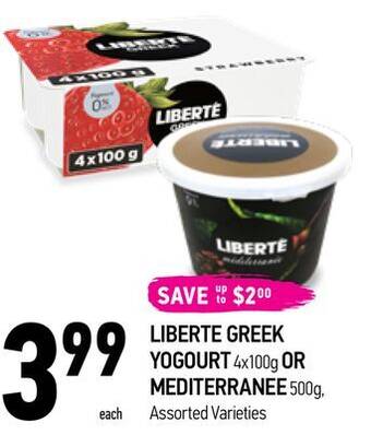 Coppa's Fresh Market Liberte greek yogourt 4x100g or mediterranee 500g offer