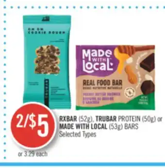 Shoppers Drug Mart Rxbar (52g), trubar protein (50g) or made with local (53g) bars offer