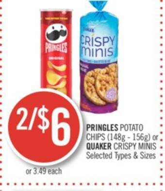 Shoppers Drug Mart Pringles potato chips (148g-156g) or quaker crispy minis offer