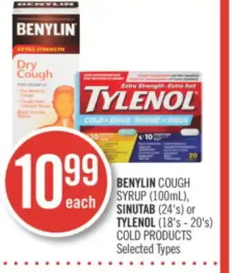 Shoppers Drug Mart Benylin cough syrup (100ml), sinutab (24's) or tylenol (18's - 20's) cold products offer