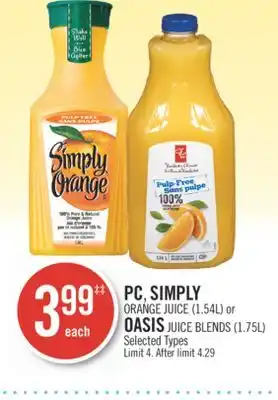 Shoppers Drug Mart Pc, simply orange juice (1.54l) or oasis juice blends (1.75l) offer