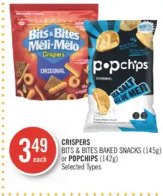 Shoppers Drug Mart Crispers bits & bites baked snacks (145g) or popchips (142g) offer