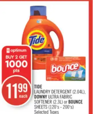 Shoppers Drug Mart Tide laundry detergent (2.04l), downy ultra fabric softener (2.3l) or bounce sheets (120's - 200's) offer