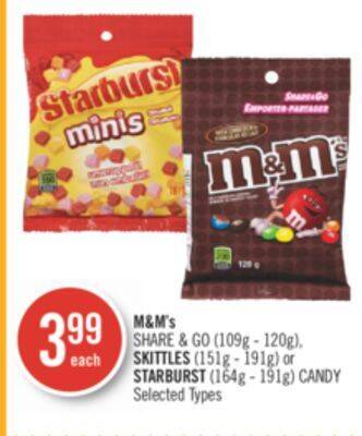 Shoppers Drug Mart M&m's share & go (109 g - 120 g) skillet (151 g - 191 g) or starburst (164g-191g) candy offer