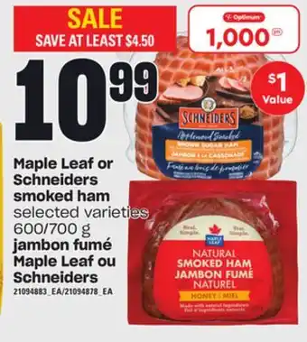 Independent City Market Maple leaf or schneiders smoked ham, 600/700 g offer