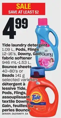 Independent City Market Tide laundry detergent, 1.09 l, pods, flings, 12-16's, downy, gain fabric softener, 946 ml-1.53 l, bounce sheets, 40-80's or offer