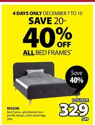 JYSK Mason bed frame, upholstered, low- profile design, solid wood legs, grey offer