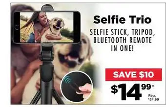 Showcase Selfie trio selfie stick, tripod, bluetooth remote in one! offer