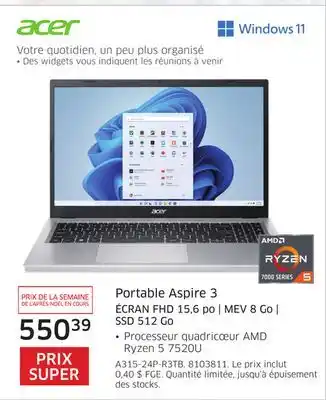 The Source Portable aspire 3 écran fhd 15,6 po | mev 8 go ssd 512 go acer offer