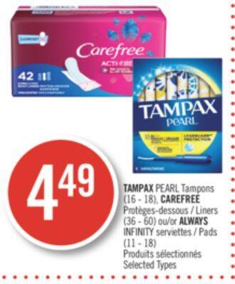 Pharmaprix Tampax pearl tampons (16 - 18), carefree liners (36 - 60) or always infinity pads (11 - 18) offer