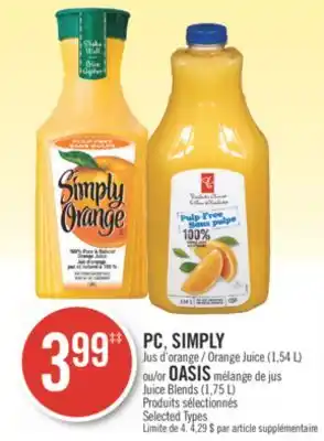 Pharmaprix Pc, simply orange juice (1,54 l) or oasis juice blends (1,75 l) offer