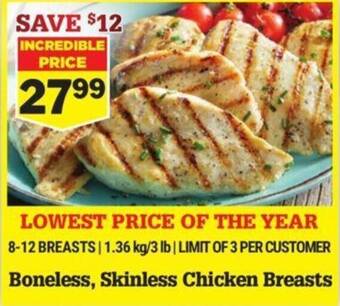 M&M Meat Shops 8-12 BREASTS, 1.36 kg/3 lb Boneless, Skinless Chicken Breasts offer