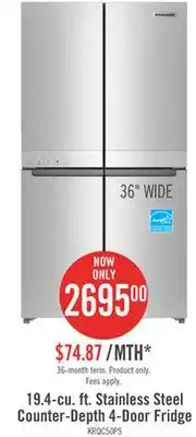 The Brick Kitchenaid 19.4 cu. ft. counter-depth 4-door refrigerator - krqc506mps offer