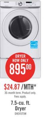 The Brick Samsung 7.5 cu. ft. front-load electric dryer - dve45t6005w/ac offer