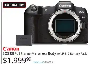 Vistek Canon eos r8 full frame mirrorless body w/lp-e17 battery pack offer