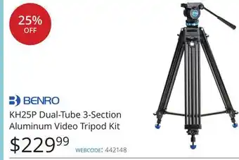 Vistek Benro kh25p dual-tube 3-section aluminum video tripod kit offer