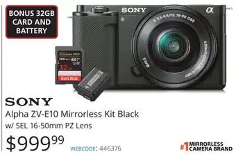 Vistek Sony alpha zv-e10 mirrorless kit black w/sel 16-50mm pz lens offer