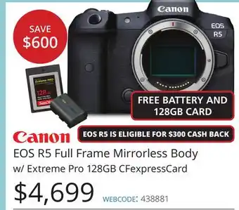 Vistek Canon eos r5 full frame mirrorless body w/extreme pro 128gb cfexpresscard offer