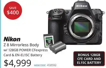 Vistek Nikon z 8 mirrorless body w/128gb power cfexpress card & en-el15c battery offer
