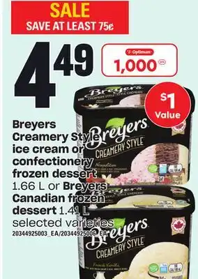 Loblaws Breyers creamery style ice cream or confectionery frozen dessert 1.66 l or breyers canadian frozen dessert 1.41 l offer