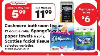 Loblaws Cashmere bathroom tissue 12 double rolls, spongetowels paper towels 6 rolls, scotties facial tissue 6's offer