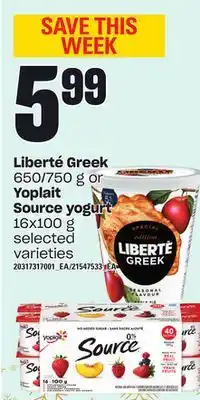 Loblaws Liberté greek 650/750 g or yoplait source yogurt 16x100 g offer