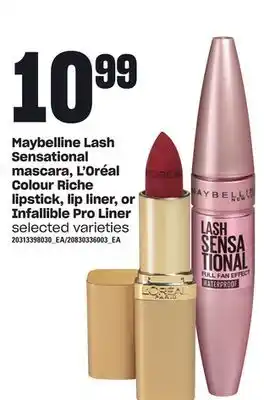 Maybelline lash sensational mascara, l'oréal colour riche lipstick, lip liner, or infallible pro liner
